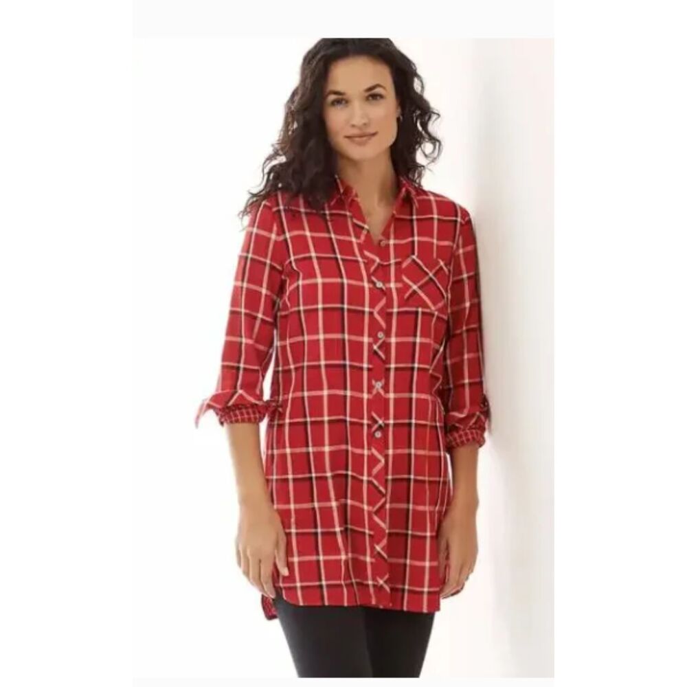 J Jill Red Plaid Double Cloth Tunic Shirt Button Down Relaxed Fit Pockets Sz L